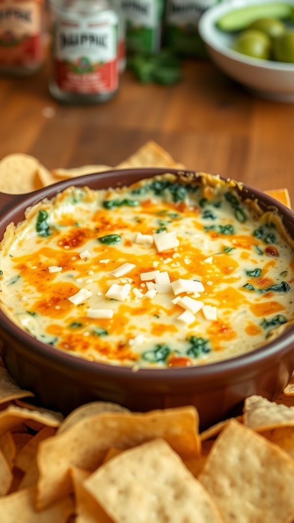 Cheesy spinach artichoke dip in a baking dish with tortilla chips, set on a rustic table.